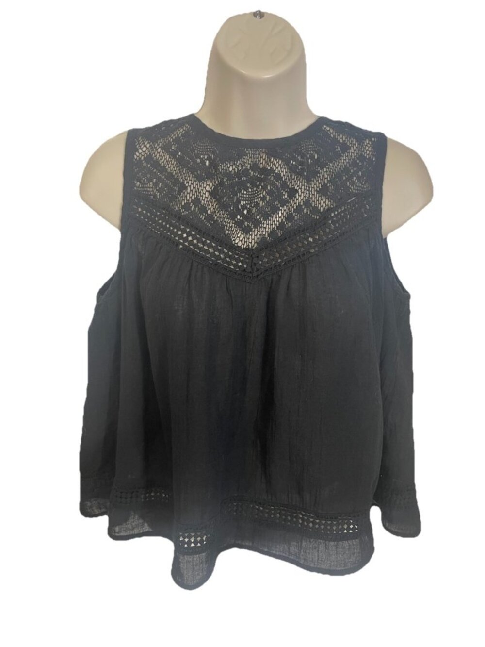 MANGO MNG Women's Size 4 Black Crochet Top with Open Back Boho Top FLAWED READ